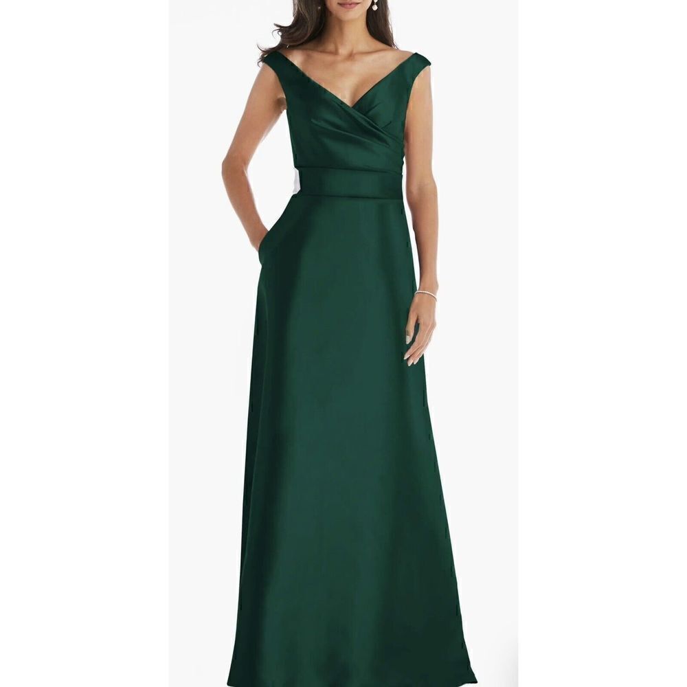 Alfred Sung Hunter Green  Off the Shoulder Satin Gown Size 16-R $239 D811s. NWT